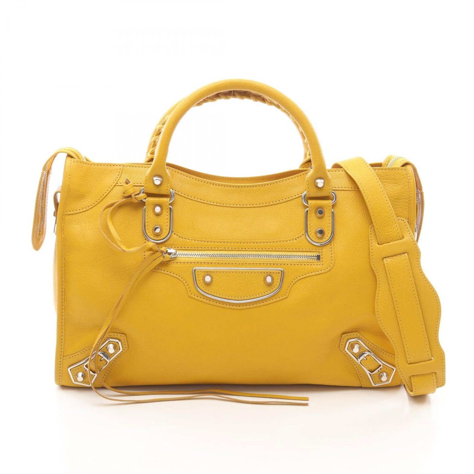 Balenciaga Leather Handbag: Balenciaga Leather Handbag A vibrant yellow Balenciaga leather handbag, boasting sleek lines and premium quality, is up for grabs in excellent condition. With its durable leather exterior and