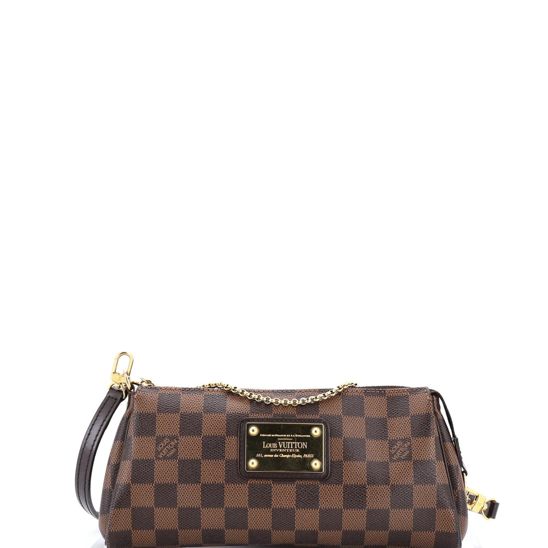 Louis Vuitton Eva Handbag in Damier: Louis Vuitton Eva Handbag in Damier A stunning Louis Vuitton Eva Handbag in Damier, boasting the iconic brand's signature canvas coated exterior and rich brown hue. With its sleek design, gold