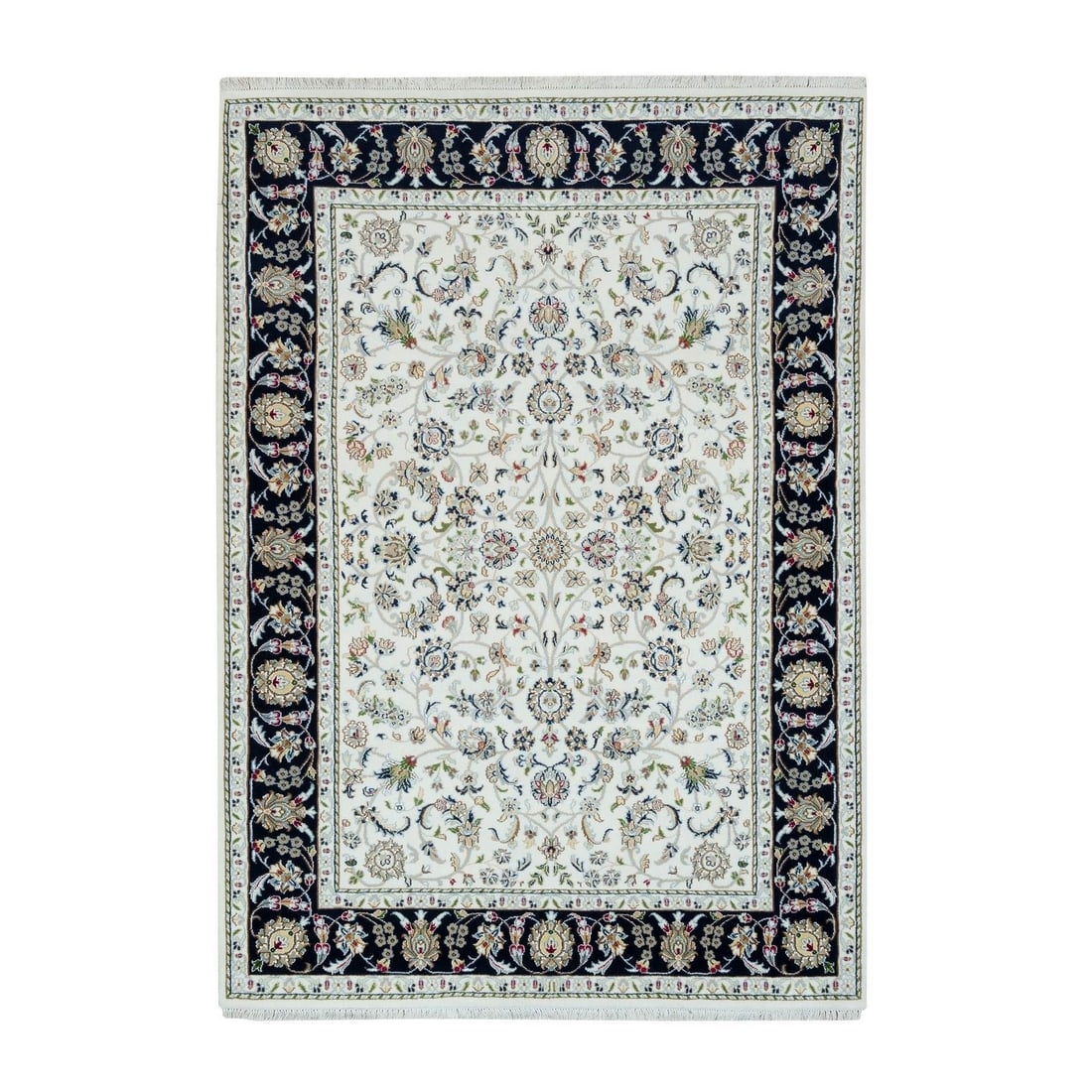 Rug 5'x7' Powder White Nain Design 250 KPSI Soft Wool Hand Knotted: Rug 5'x7' Powder White Nain Design 250 KPSI Soft Wool Hand Knotted Experience the timeless beauty of Indian craftsmanship with this stunning 5'x7' Powder White Nain design rug, expertly hand-knotted