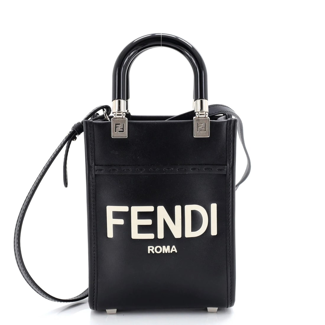 Fendi Sunshine Mini Leather Tote: Fendi Sunshine Mini Leather Tote Elevate your everyday style with the Fendi Sunshine Mini Leather Tote, a chic and compact cross-body bag in sleek black leather. Its spacious interior is perfectly