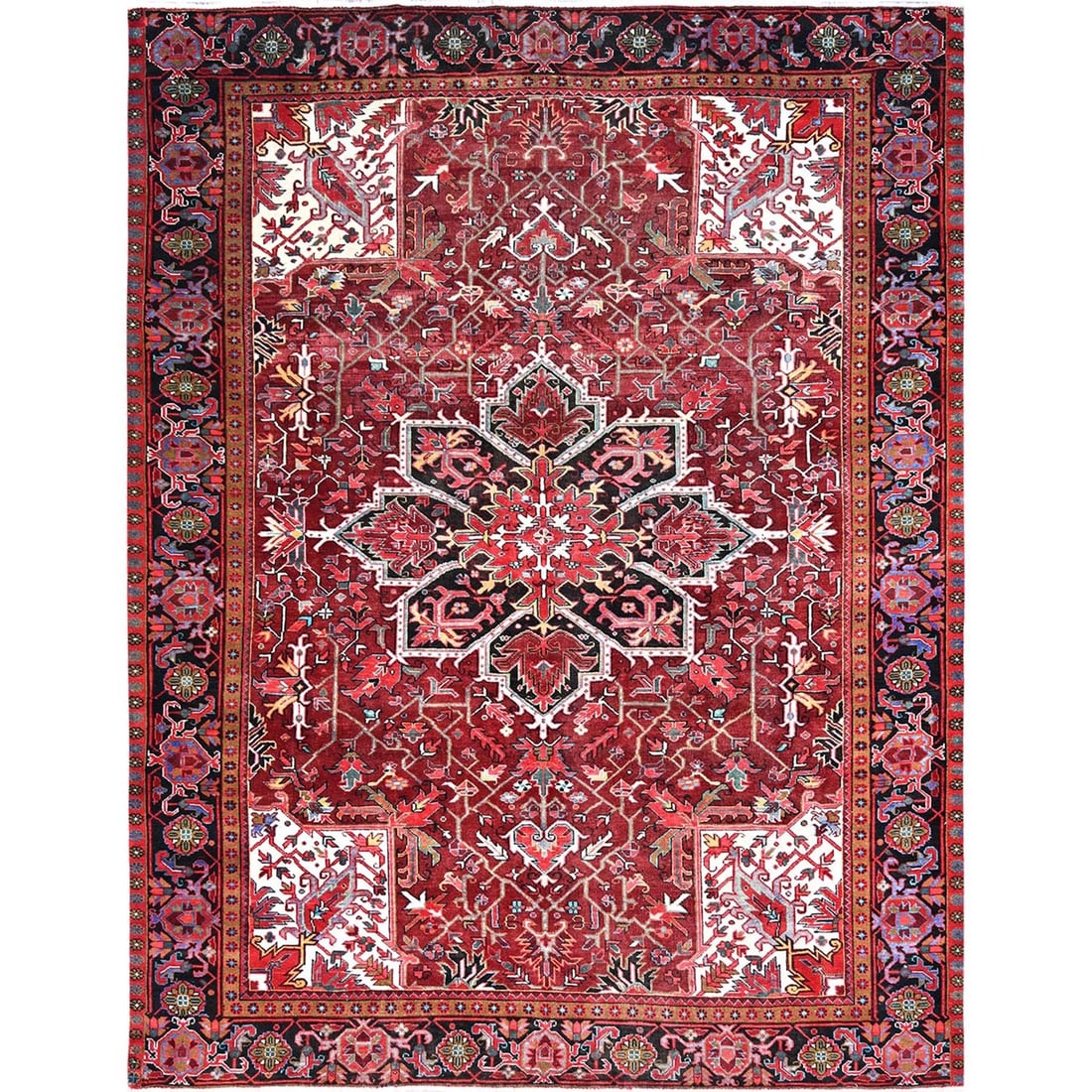 Rug 9'10"x12'5" Red Vintage Zoroastrian Heris Hand Knotted Worn Wool: Rug 9'10"x12'5" Red Vintage Zoroastrian Heris Hand Knotted Worn Wool Experience the rich history and cultural heritage of Turkey with this stunning 9'10"x12'5" Red Vintage Zoroastrian Heris Hand