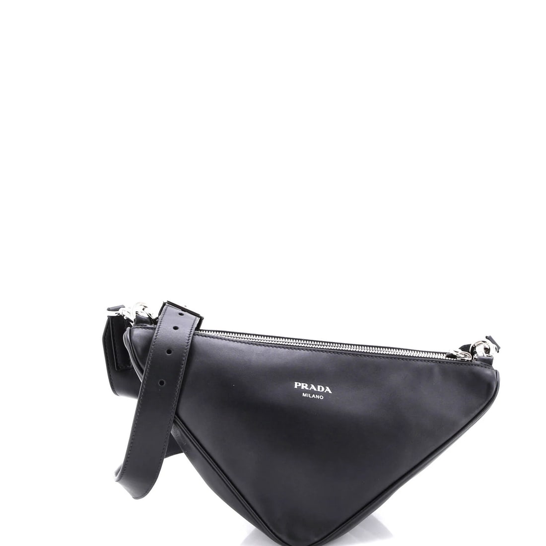 Prada Saffiano Leather Double Triangle Logo Zip Shoulder Bag: Prada Saffiano Leather Double Triangle Logo Zip Shoulder Bag Experience the timeless elegance of Prada with this stunning Saffiano Leather Double Triangle Logo Zip Shoulder Bag, boasting sleek black