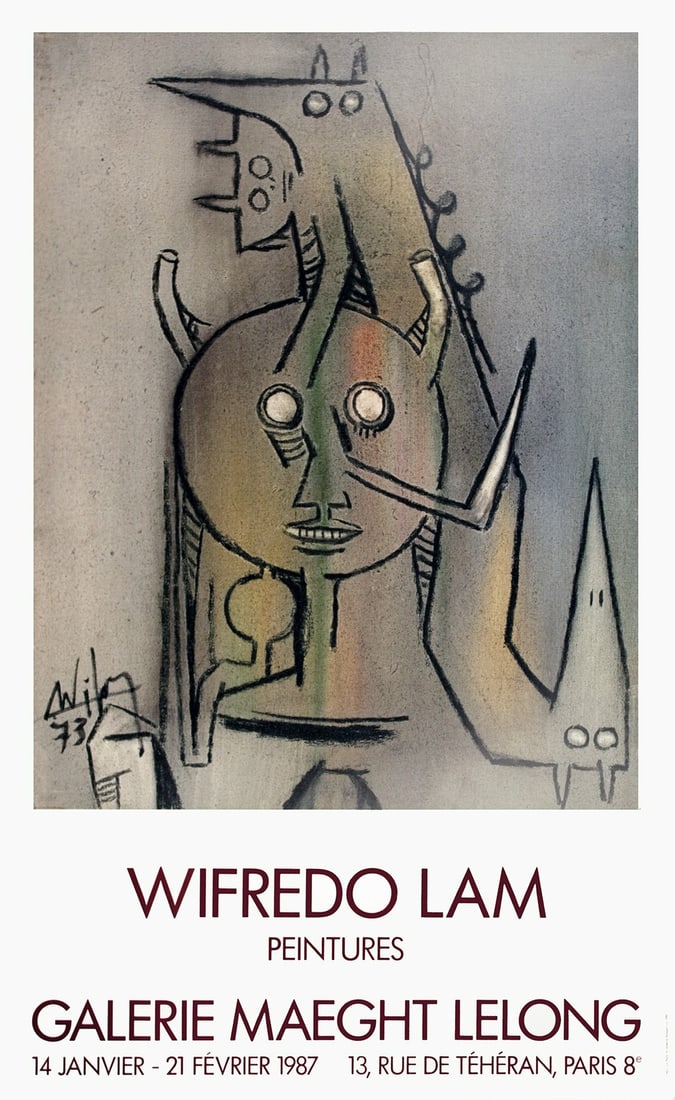 Wifredo Lam 33.5" x 20.5" 1987 Contemporary Poster (Brown/ Gray): Wifredo Lam 33.5" x 20.5" 1987 Contemporary Poster (Brown/ Gray) Experience the vibrant colors and dynamic energy of Wifredo Lam's 1987 contemporary art poster, 'Peintures'. Measuring 33.5 x 20.5 inch