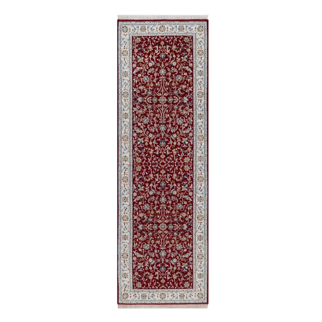 Berry Red Nain Wool & Silk Hand-Knotted Oriental Runner (2'7"x8'3"): Berry Red Nain Wool & Silk Hand-Knotted Oriental Runner (2'7"x8'3") Experience the rich beauty of India with this stunning Berry Red Nain Wool & Silk Hand-Knotted Oriental Runner, expertly crafted