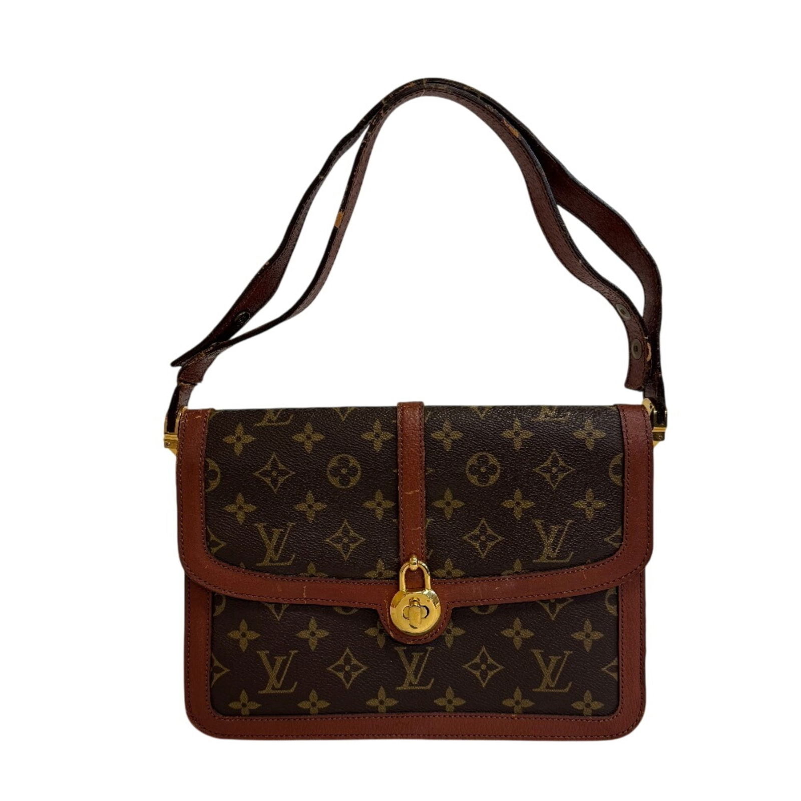 Louis Vuitton Leather Shoulder Bag: Louis Vuitton Leather Shoulder Bag A timeless piece from the iconic Louis Vuitton brand, this vintage brown leather shoulder bag boasts classic gold hardware and a sturdy turn lock closure. With its
