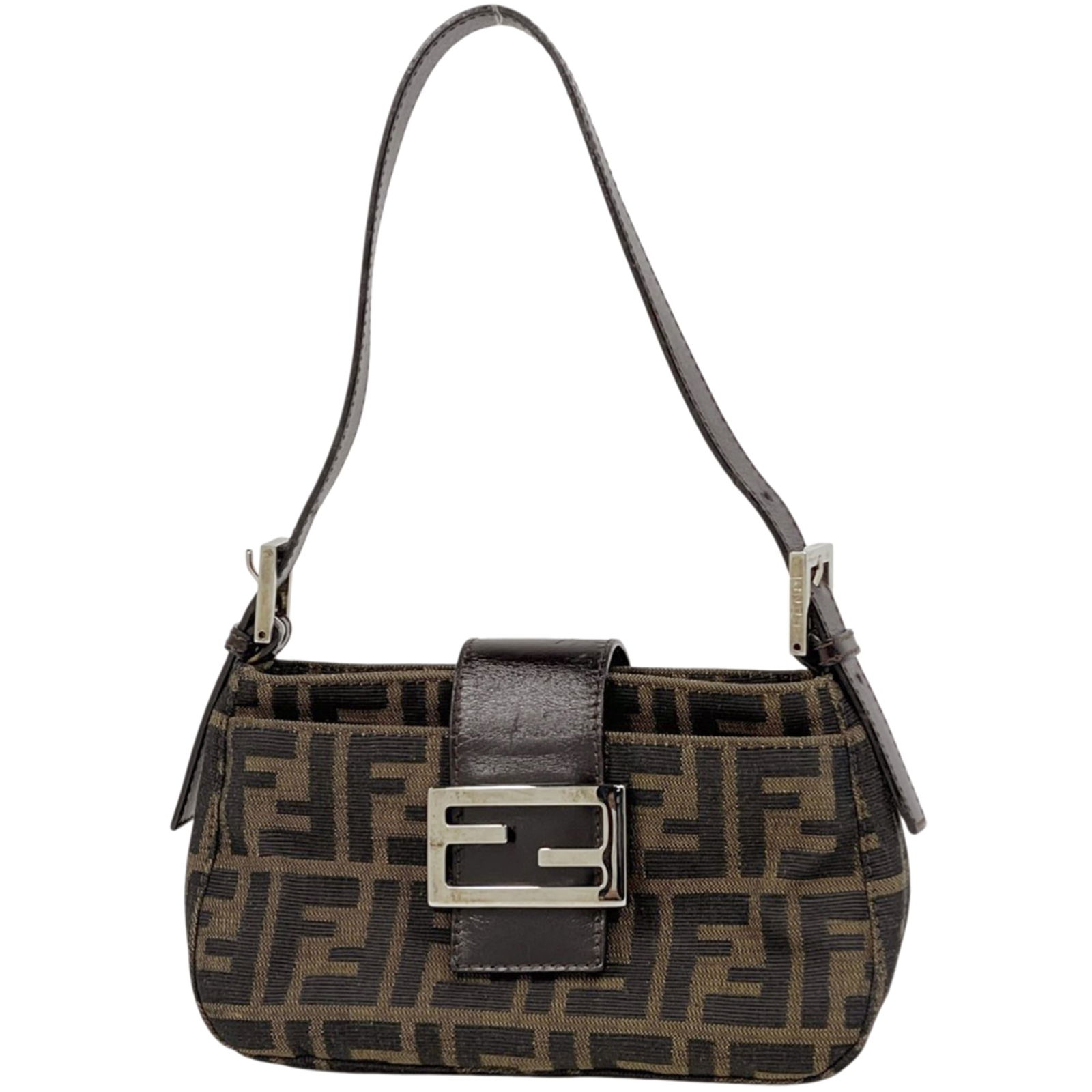 Fendi Canvas and Leather Handbag: Fendi Canvas and Leather Handbag A timeless Fendi handbag, crafted from rich brown canvas and supple leather, boasts a classic design that exudes sophistication. With its compact size and durable