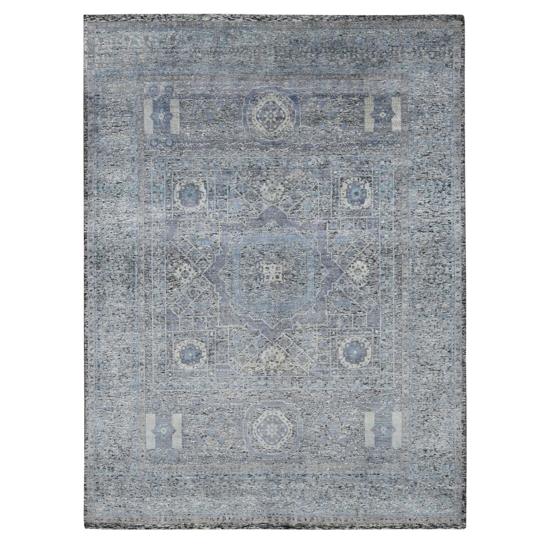 Rug 8'8"x11'10" Blue Silk with Wool Mamluk Dynasty Design Hand Knotted: Rug 8'8"x11'10" Blue Silk with Wool Mamluk Dynasty Design Hand Knotted Experience the rich heritage of India with this stunning 8'8"x11'10" Blue Silk with Wool Mamluk Dynasty Design Hand Knotted rug,