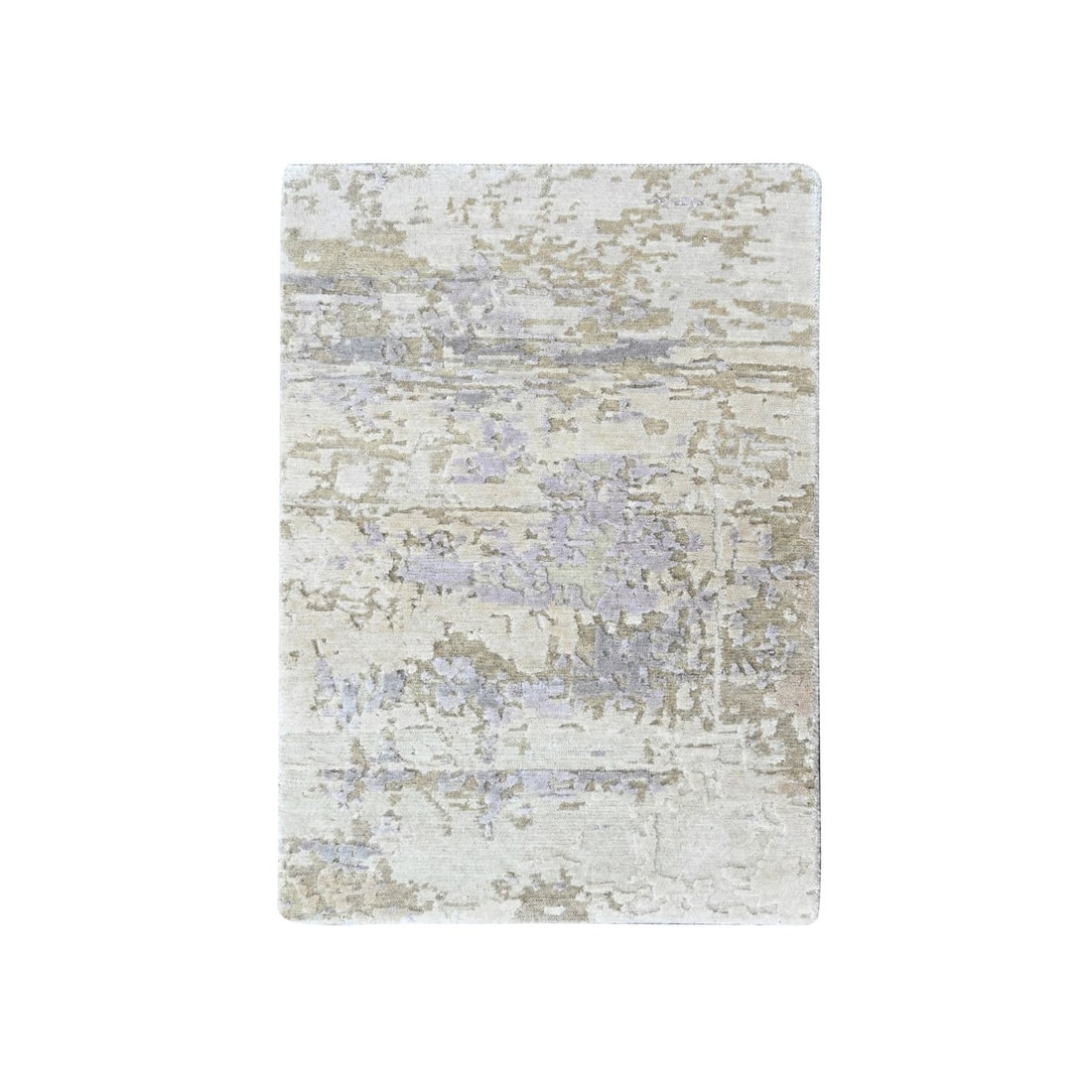 100 Hand Knotted Mat Rug 2'x2'9" Beige Wool and Silk Modern Abstract Design: 100 Hand Knotted Mat Rug 2'x2'9" Beige Wool and Silk Modern Abstract Design Experience the beauty of Indian craftsmanship with this stunning 100 hand-knotted mat rug, expertly woven from wool and