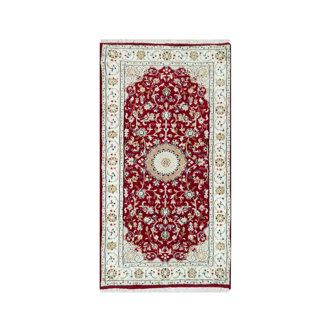 Red Nain 250 KPSI Pure Wool Hand-Knotted 2'4"x4'9" Oriental Runner Rug: Red Nain 250 KPSI Pure Wool Hand-Knotted 2'4"x4'9" Oriental Runner Rug Experience the rich beauty of India with this stunning Red Nain 250 KPSI Pure Wool Hand-Knotted Oriental Runner Rug, measuring 71
