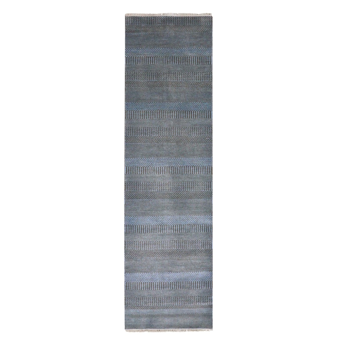 Blue Hand-Knotted Grass Design Dyed Wool & Silk Runner Rug (2'7"x9'6"): Blue Hand-Knotted Grass Design Dyed Wool & Silk Runner Rug (2'7"x9'6") Experience the rich beauty of Indian craftsmanship with this stunning Blue Hand-Knotted Grass Design Dyed Wool & Silk Runner Rug,