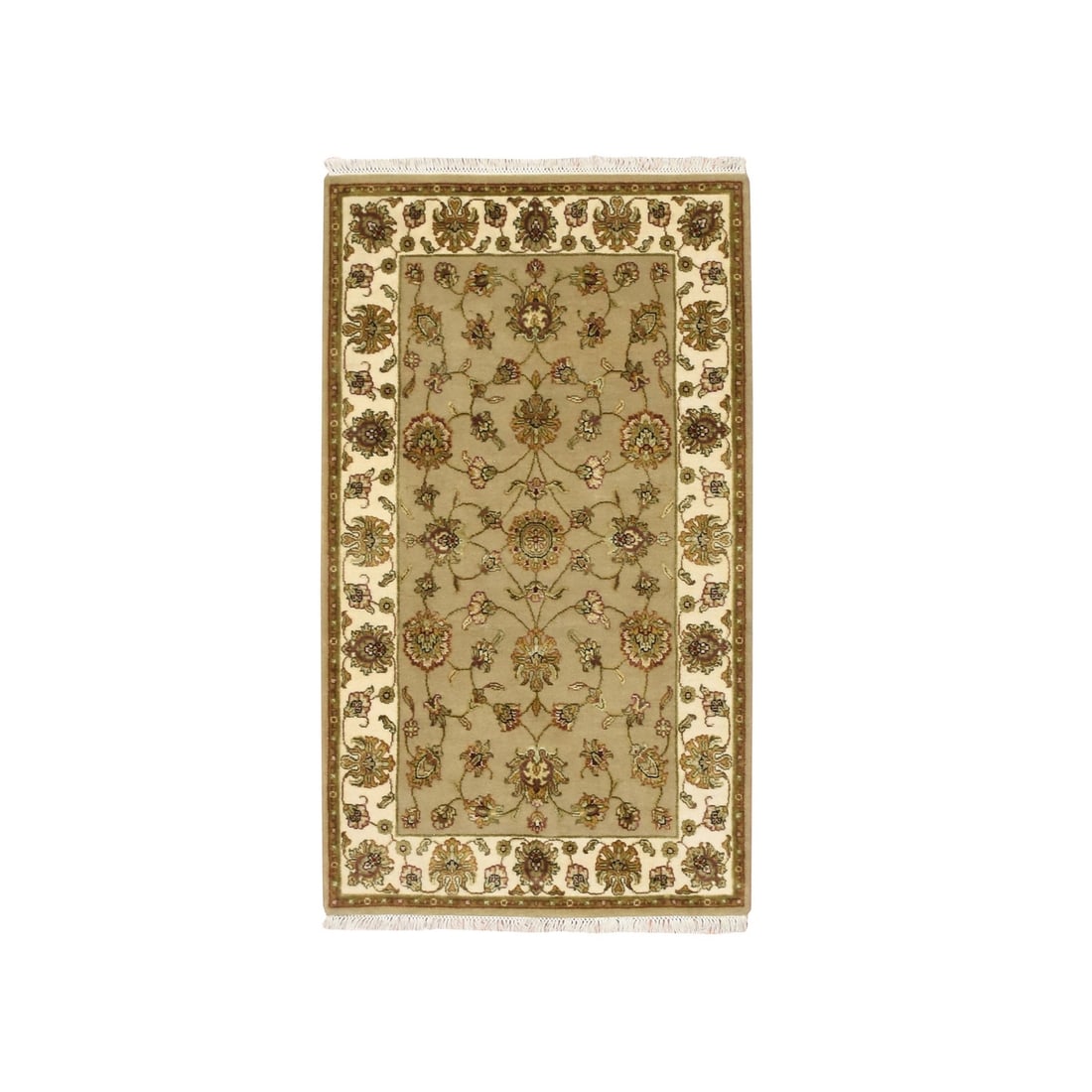 Rug 3'x5'3" Khaki Brown Rajasthan Leaf Design Hand Knotted Wool and Silk: Rug 3'x5'3" Khaki Brown Rajasthan Leaf Design Hand Knotted Wool and Silk Experience the rich cultural heritage of India with this stunning 3'x5'3" hand-knotted wool and silk rug, featuring an
