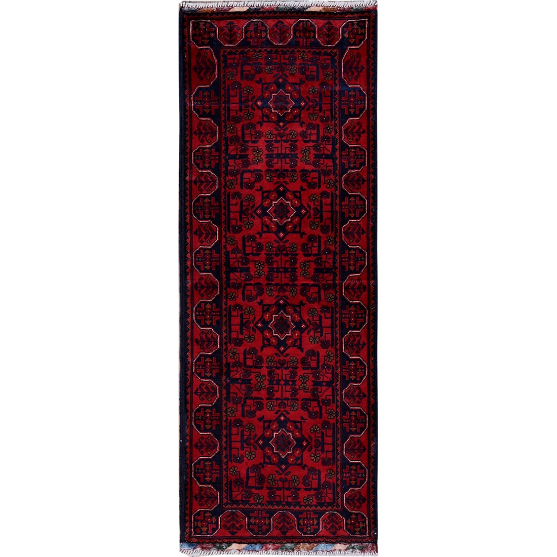 Rug 1'9"x4'10" Red Afghan Khamyab Tribal Motifs Hand Knotted Wool Runner: Rug 1'9"x4'10" Red Afghan Khamyab Tribal Motifs Hand Knotted Wool Runner Experience the rich cultural heritage of Afghanistan in every step with this stunning 100% wool Red Afghan Khamyab Tribal