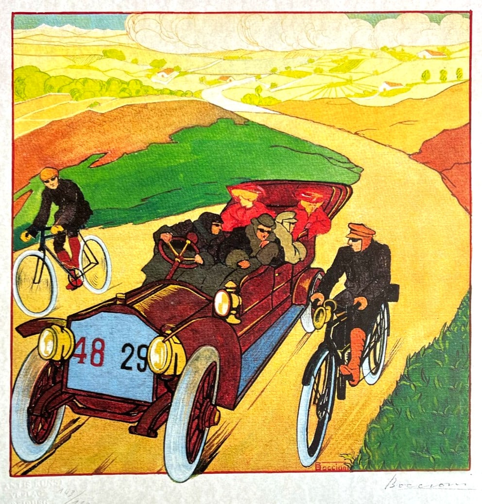 Umberto Boccioni Lithograph #180ex: Umberto Boccioni Lithograph #180ex Experience the vibrant energy of Umberto Boccioni's Cubist masterpiece, "Car", printed in 1978 in a limited edition of 180 copies by Atlantis Verlag. This rare