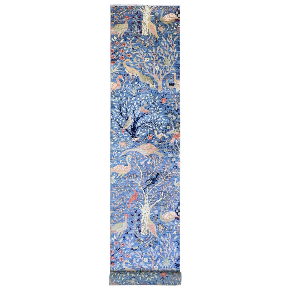 Rug 3'x21'3" Blue Afghan Peshawar Birds Design Hand Knotted Wool Runner: Rug 3'x21'3" Blue Afghan Peshawar Birds Design Hand Knotted Wool Runner Experience the rich cultural heritage of Afghanistan with this stunning, hand-knotted blue Afghan Peshawar Birds design wool