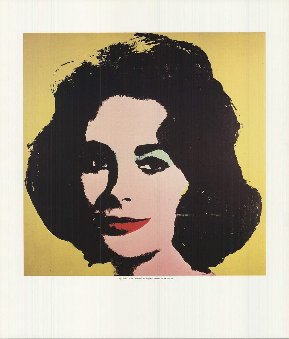 Black ANDY WARHOL Early Colored Liz 22" x 19" Poster 1990 Pop Art Yellow: Black ANDY WARHOL Early Colored Liz 22" x 19" Poster 1990 Pop Art Yellow Own a piece of pop art history with this rare 1990 Andy Warhol offset lithograph poster, titled "Early Colored Liz". Measuring