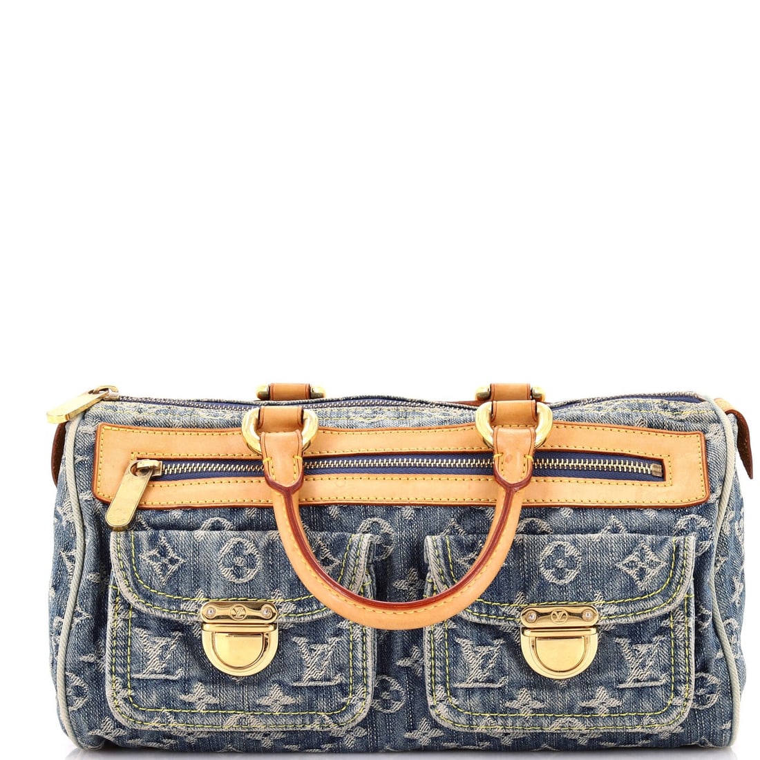 Louis Vuitton Neo Speedy Bag in Denim: Louis Vuitton Neo Speedy Bag in Denim A rare find for the fashion enthusiast, this Louis Vuitton Neo Speedy Bag in Denim boasts a unique blend of style and practicality. With its iconic bowler