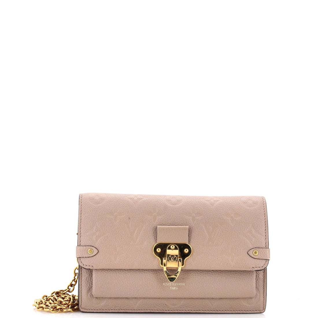 Leather Louis Vuitton Vavin Chain Wallet NM Monogram Empreinte: Leather Louis Vuitton Vavin Chain Wallet NM Monogram Empreinte A rare find for the Louis Vuitton enthusiast, this Vavin Chain Wallet boasts the iconic Monogram Empreinte pattern and neutral exterior