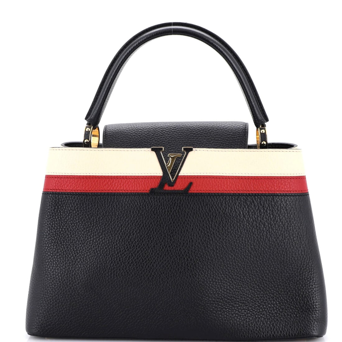 Louis Vuitton Capucines Leather MM Bag: Louis Vuitton Capucines Leather MM Bag Elevate your style with the iconic Louis Vuitton Capucines Leather MM Bag, boasting sleek black leather exterior and vibrant red interior accents. This timeless