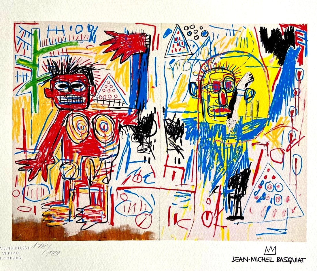 Numbered Jean-Michel Basquiat Lithograph and: Numbered Jean-Michel Basquiat Lithograph and Own a rare and iconic piece of art history with this 1987 lithograph by Jean-Michel Basquiat, printed in limited edition by Atlantis Verlag. Measuring