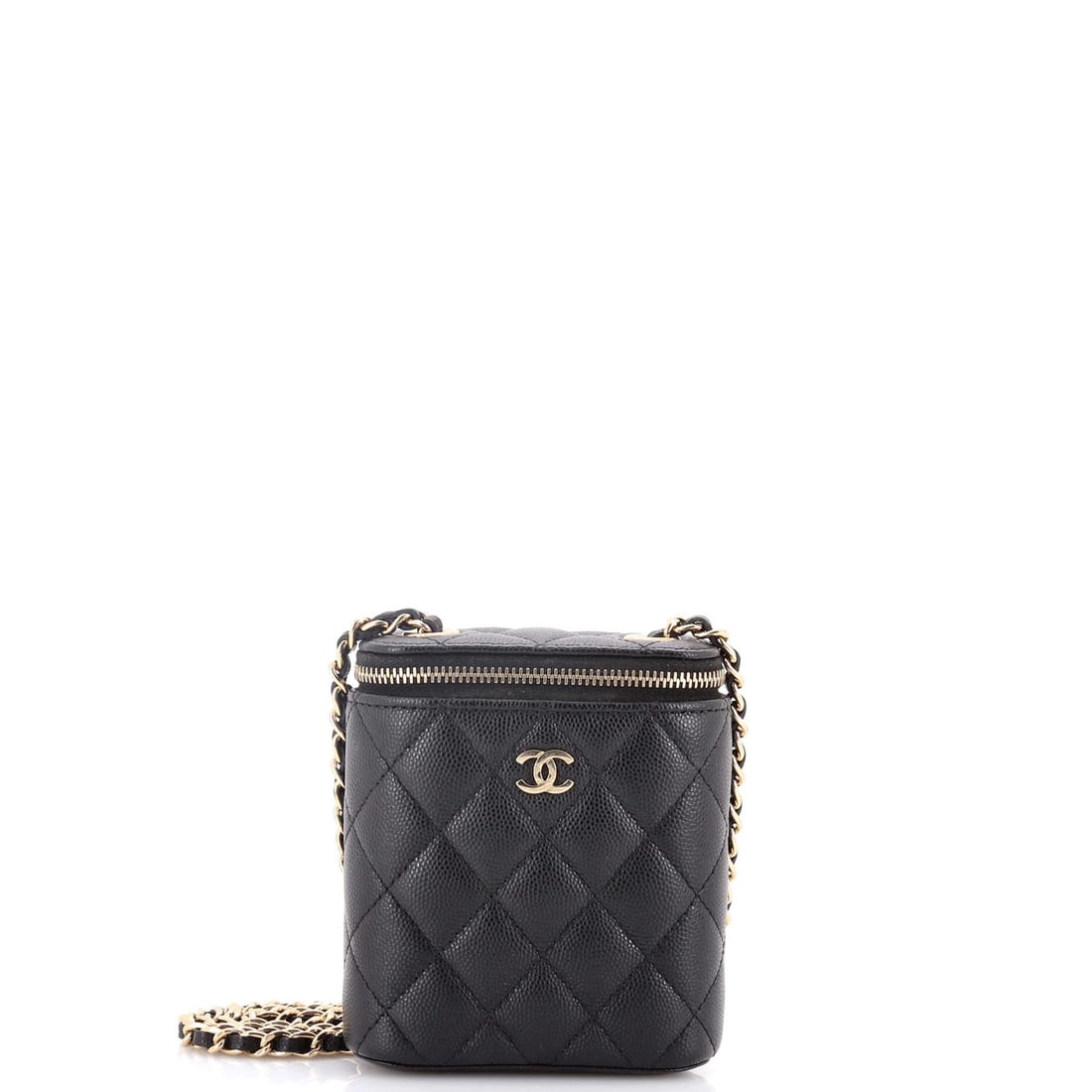 Mini Chanel Vertical Classic Vanity Case with Chain Quilted Caviar: Mini Chanel Vertical Classic Vanity Case with Chain Quilted Caviar A chic and compact Chanel Mini Vertical Classic Vanity Case with Chain Quilted Caviar is up for grabs! This sleek, all-black leather