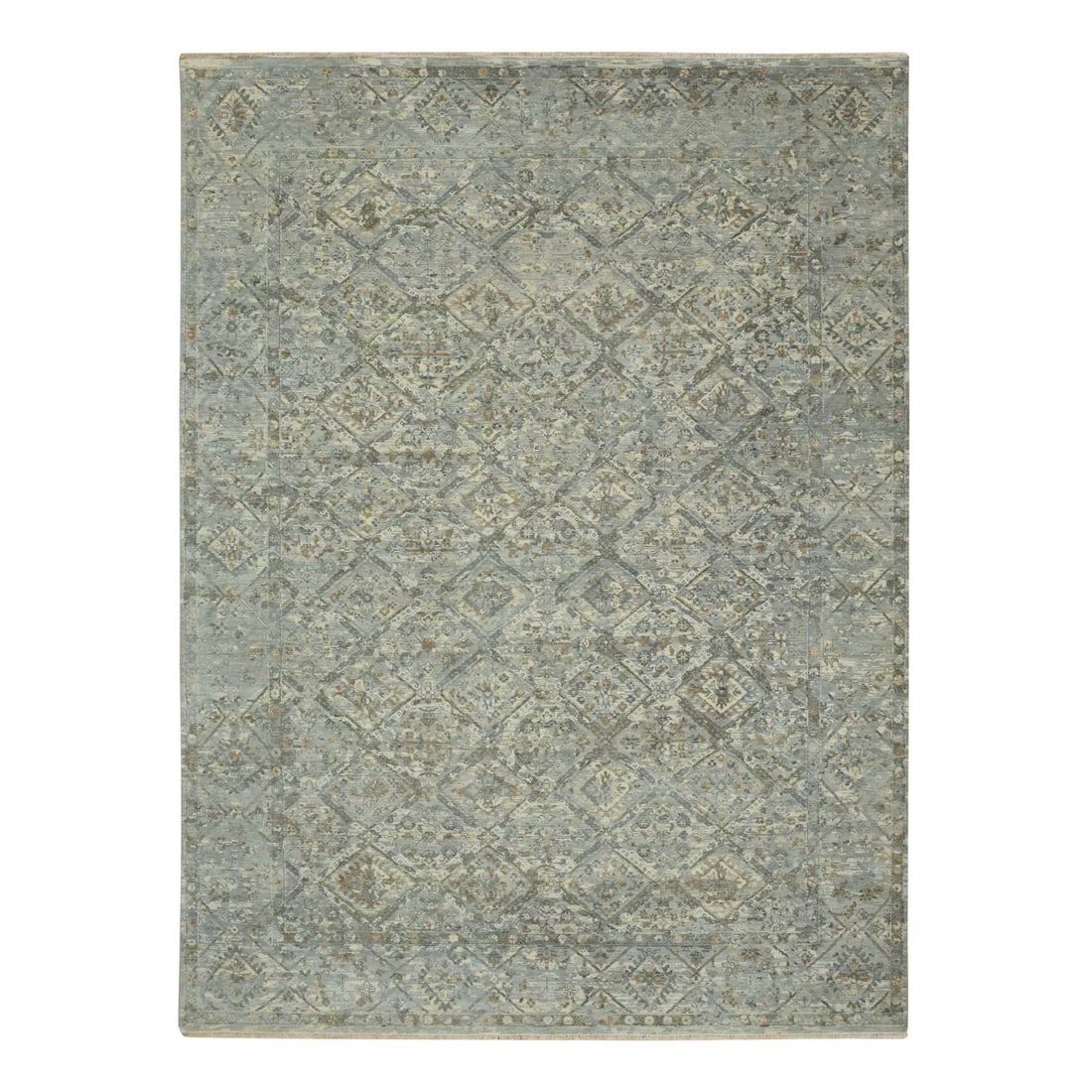 Rug 8'10"x12' Gray Pure Wool Erased and Broken Garden Design Hand Knotted: Rug 8'10"x12' Gray Pure Wool Erased and Broken Garden Design Hand Knotted Experience the timeless beauty of Indian craftsmanship with this stunning 8'10"x12' Gray Pure Wool Erased and Broken Garden
