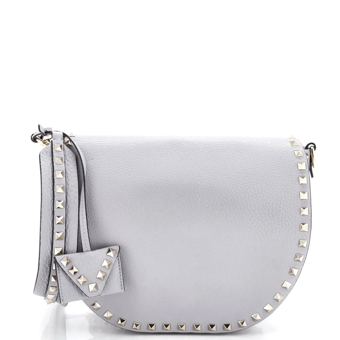 Valentino Garavani Rockstud Saddle Leather Small Crossbody Bag: Valentino Garavani Rockstud Saddle Leather Small Crossbody Bag Elevate your everyday style with the iconic Valentino Garavani Rockstud Saddle Leather Small Crossbody Bag, boasting sleek gray leather