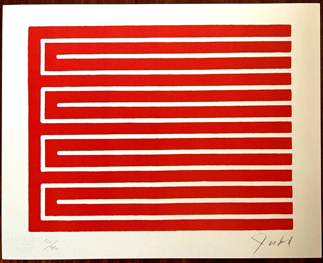 Donald Judd Lithograph #Stamped: Donald Judd Lithograph #Stamped A rare and striking lithograph by Donald Judd, created in 1987 through the esteemed Atlantis Verlag publishing house. This unique piece is one of only 180 specimens pri