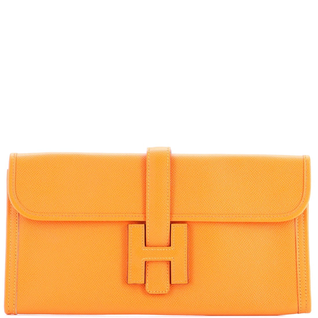 Hermes Jige Elan Epsom Clutch (29): Hermes Jige Elan Epsom Clutch (29) The iconic Hermes Jige Elan Epsom Clutch is a vibrant orange statement piece, boasting sleek leather exterior and interior with subtle scuffs adding to its effortles