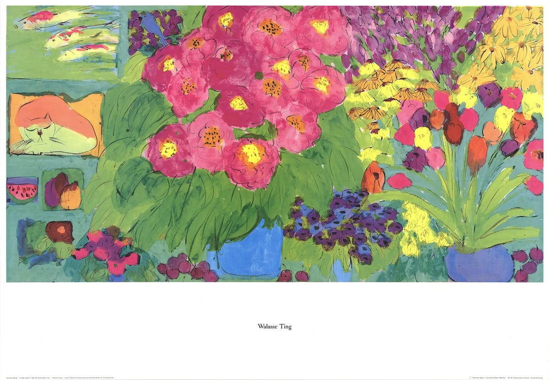 Still-Life with Pink Cat, 1993 Offset Lithograph, 37.75" x 54.5: Still-Life with Pink Cat, 1993 Offset Lithograph, 37.75" x 54.5 Walasse Ting's vibrant Still-Life with Pink Cat (1993) is a stunning offset lithograph that showcases the artist's unique blend of pop a