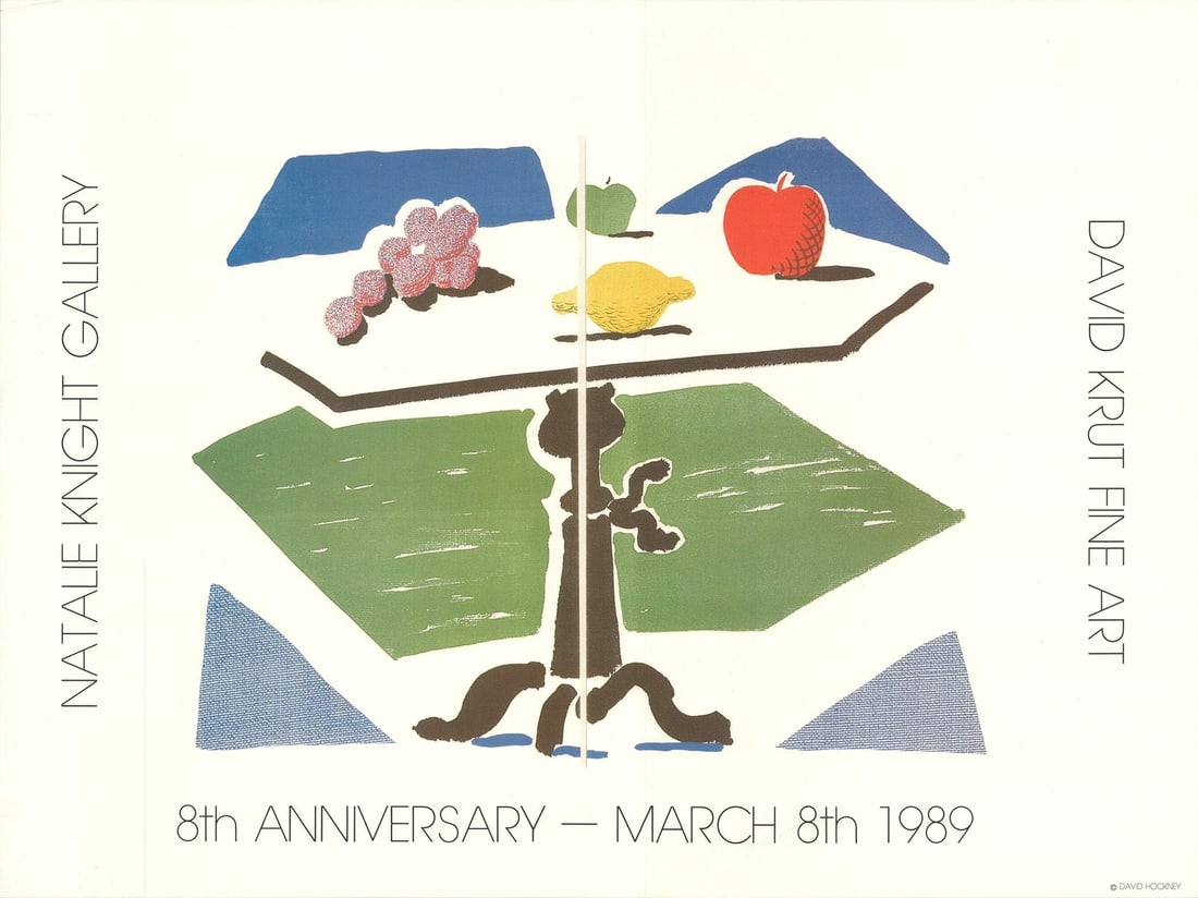 David Hockney Apple Grapes Lemon on a Table (1989) 19" x 25.5" Pop Art Poster: David Hockney Apple Grapes Lemon on a Table (1989) 19" x 25.5" Pop Art Poster Experience the vibrant colors and playful energy of David Hockney's iconic 1989 pop art poster, Apple, Grapes, Lemon on a