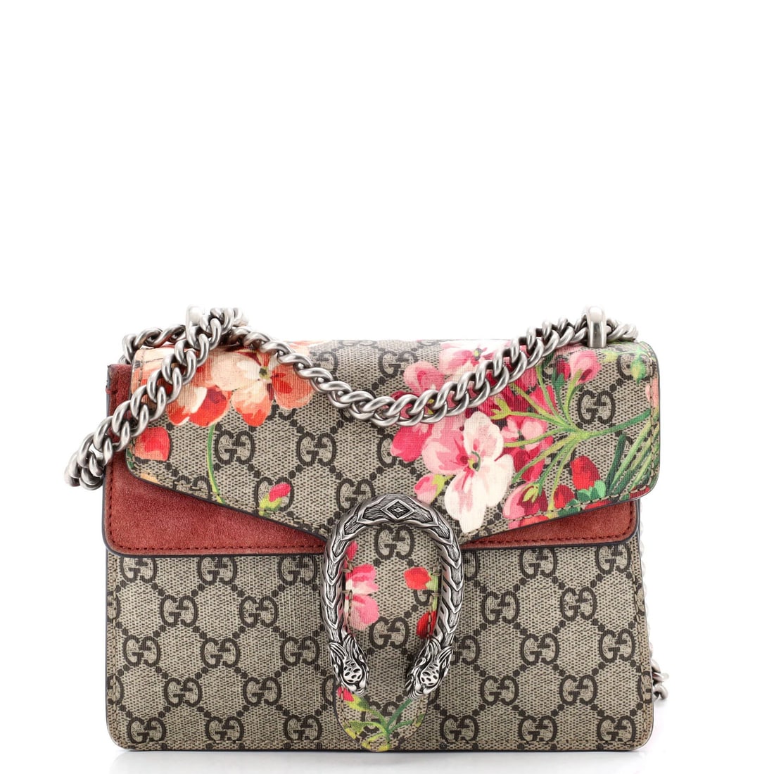 Gucci Dionysus Mini Bag with Blooms Print GG Coated Canvas: Gucci Dionysus Mini Bag with Blooms Print GG Coated Canvas Experience the iconic Gucci Dionysus Mini Bag, boasting a stunning Blooms Print GG Coated Canvas exterior in rich brown hues. With its sleek
