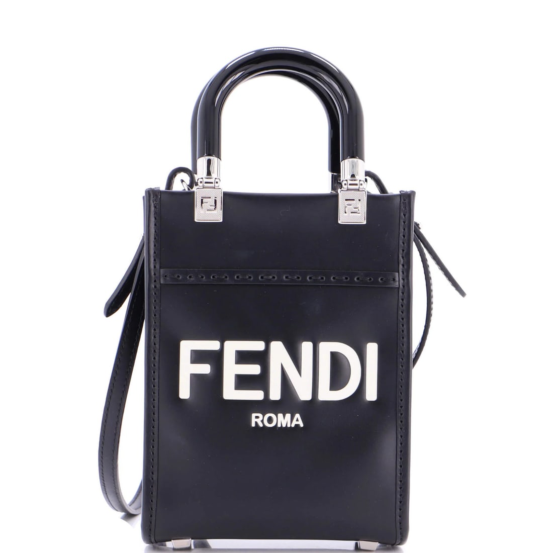 Fendi Mini Leather Sunshine Shopper Tote: Fendi Mini Leather Sunshine Shopper Tote Elevate your everyday style with the iconic Fendi Mini Leather Sunshine Shopper Tote, boasting sleek black leather exterior and spacious interior in rich
