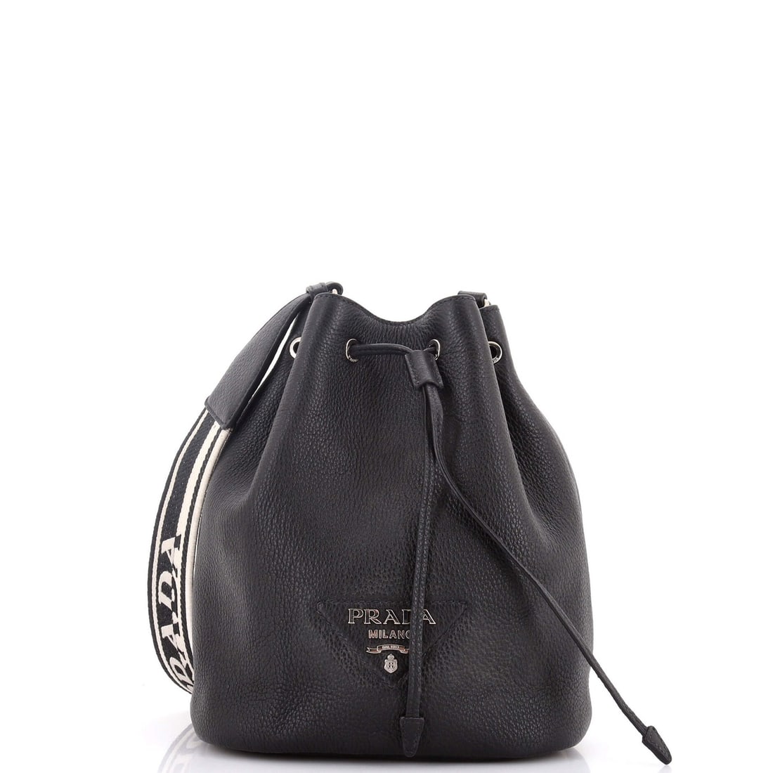 Vitello Daino Small Prada Flou Bucket Bag: Vitello Daino Small Prada Flou Bucket Bag A rare opportunity to own a sleek and sophisticated Prada Flou Bucket Bag, crafted from rich Vitello Daino leather in a timeless black hue. With its signature