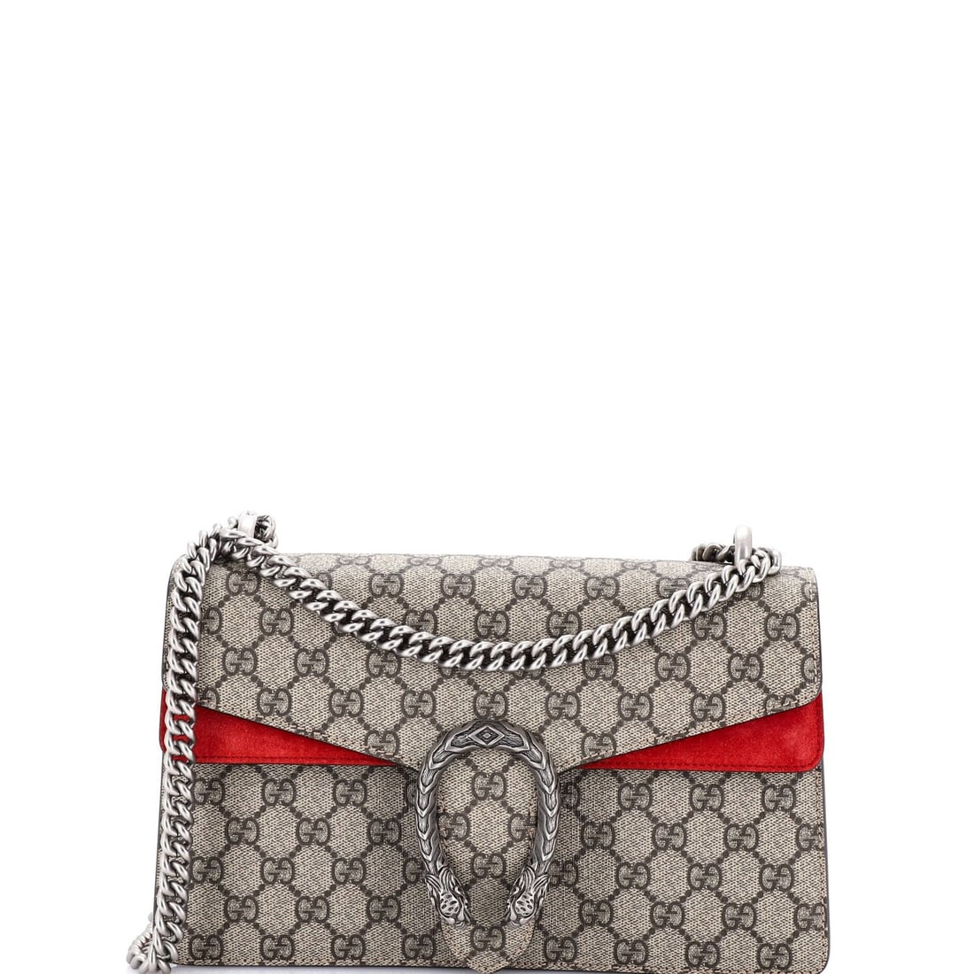 Gucci Dionysus Small GG Coated Canvas Bag: Gucci Dionysus Small GG Coated Canvas Bag Experience the iconic Gucci Dionysus Small GG Coated Canvas Bag, boasting a striking red exterior with brown and red accents that evoke the essence of luxury.