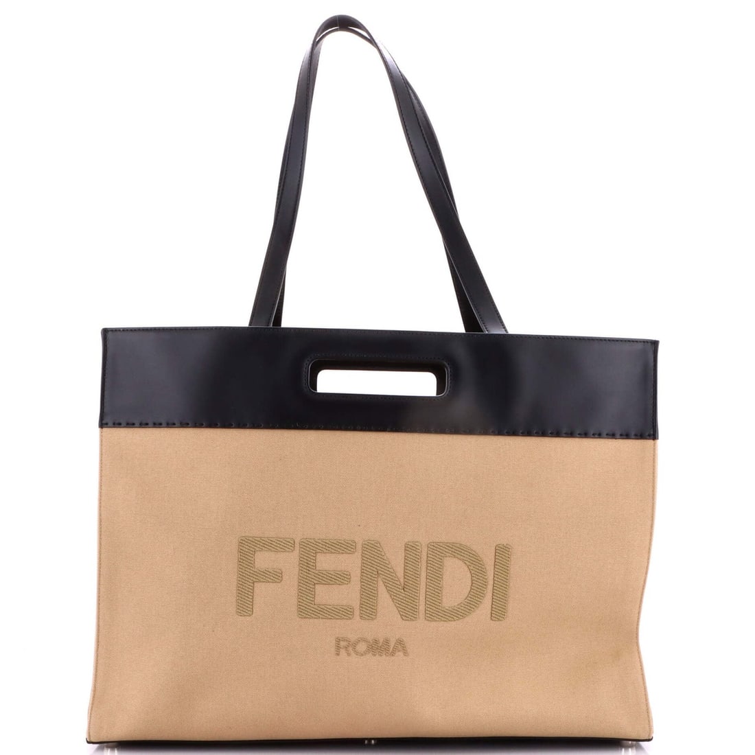 Large Fendi Cut Out Handle Shopper Tote Canvas: Large Fendi Cut Out Handle Shopper Tote Canvas A rare opportunity to own a timeless Fendi classic, this large cut out handle shopper tote boasts sleek neutral tones and clean lines, making it the