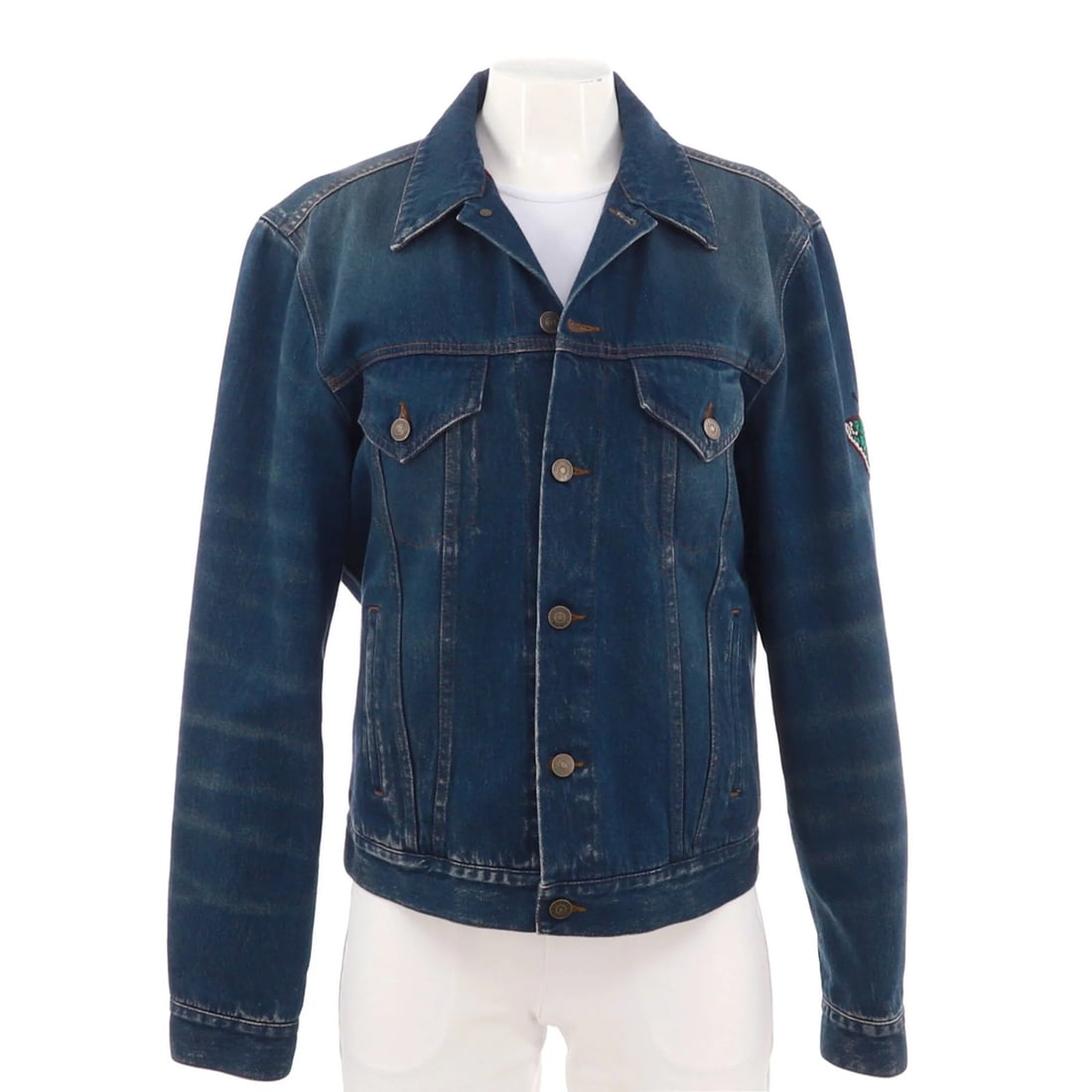 Gucci Button-Up Embroidered Denim Jacket: Gucci Button-Up Embroidered Denim Jacket Elevate your style with the iconic Gucci button-up embroidered denim jacket, boasting a classic blue hue and timeless button-up design. The jacket's durable