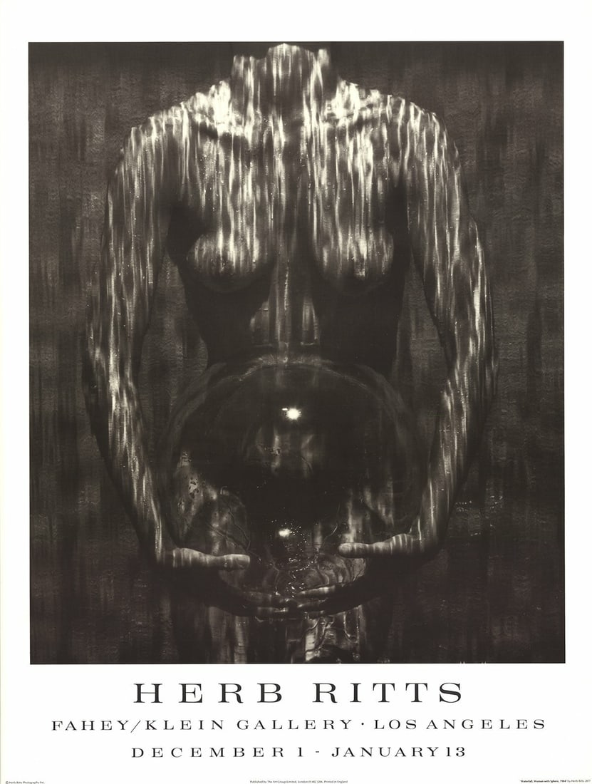 Photog HERB RITTS Waterfall Woman with Sphere (1984) 31.5" x 24.75" Poster 1995: Photog HERB RITTS Waterfall Woman with Sphere (1984) 31.5" x 24.75" Poster 1995 A stunning offset lithograph poster by renowned photographer Herb Ritts, "Waterfall, Woman with Sphere" (1995) is a