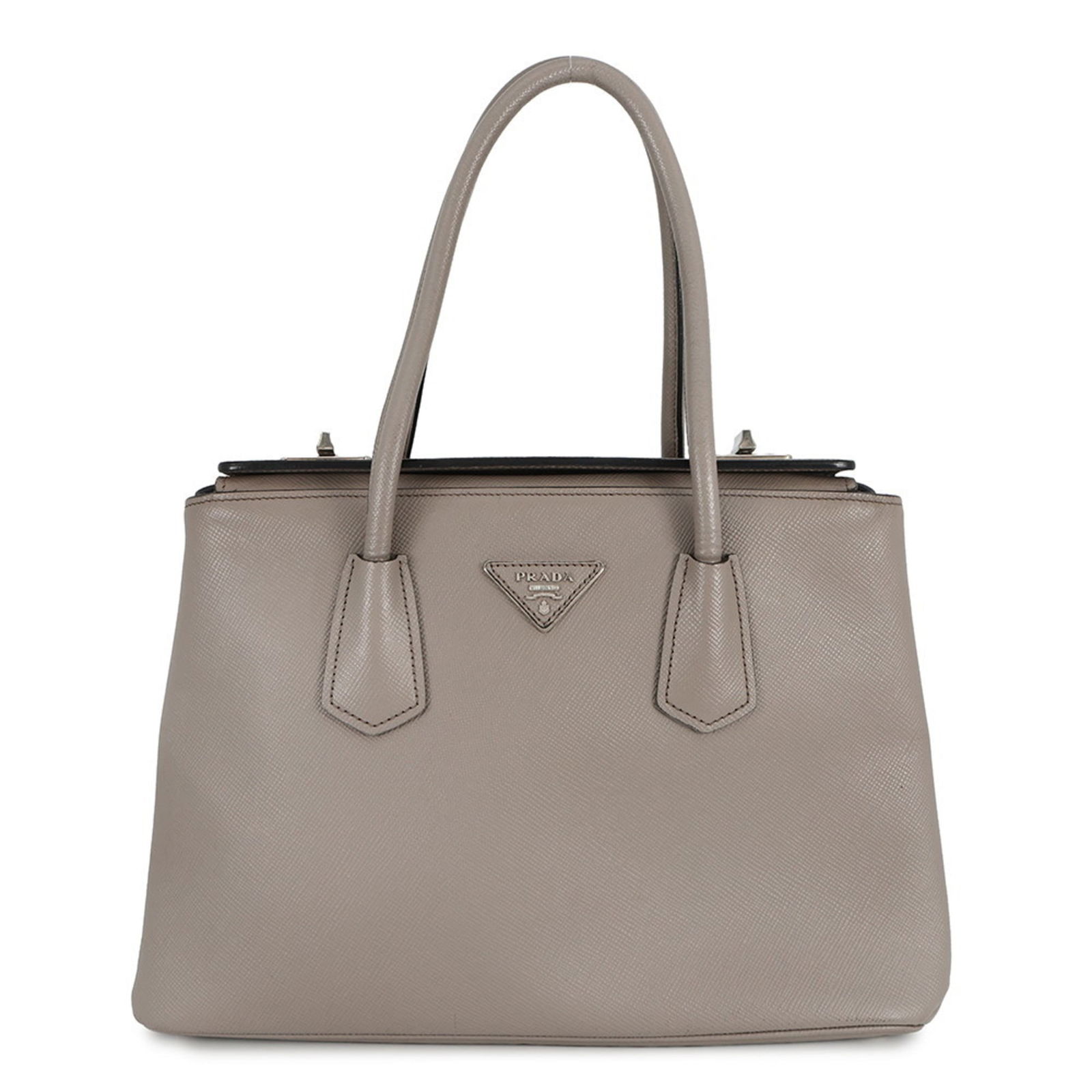 Prada Leather Handbag: Prada Leather Handbag A timeless and sophisticated Prada leather handbag, crafted from premium Saffiano leather, boasts a sleek gray hue that exudes understated elegance. With its classic design and