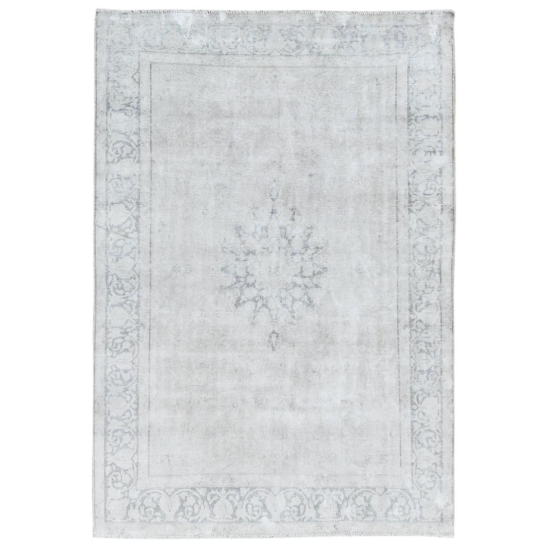 Rug 6'4"x9'3" Ivory Worn Wool Hand Knotted Vintage Farsian Karman: Rug 6'4"x9'3" Ivory Worn Wool Hand Knotted Vintage Farsian Karman Experience the timeless beauty of a vintage Farsian Karman rug, hand-knotted in worn wool and adorned with an intricate Oriental