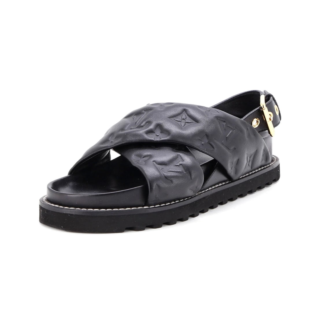 Louis Vuitton Women's Paseo Flat Comfort Sandal with Monogram Embossed Lambskin: Louis Vuitton Women's Paseo Flat Comfort Sandal with Monogram Embossed Lambskin Elevate your shoe game with the iconic Louis Vuitton Women's Paseo Flat Comfort Sandal, boasting sleek monogram embossed