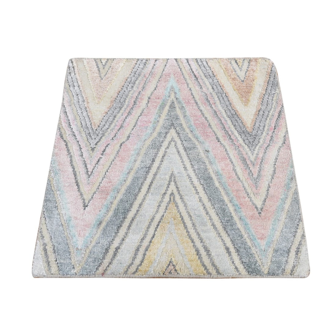 Rug 2'x2' Blue Pure Silk Modern Chevron Design Hand Knotted Sample Mat: Rug 2'x2' Blue Pure Silk Modern Chevron Design Hand Knotted Sample Mat Experience the beauty of India's rich heritage with this stunning 2'x2' Blue Pure Silk Modern Chevron Design Hand Knotted Sample