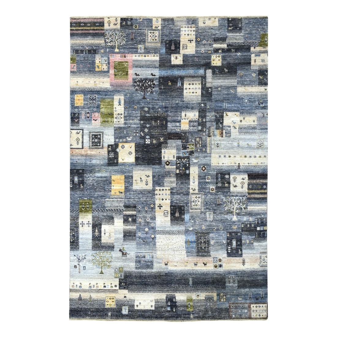Rug 5'10"x9' Hand Knotted Wool Kashkuli Gabbeh Black Blue And Gray: Rug 5'10"x9' Hand Knotted Wool Kashkuli Gabbeh Black Blue And Gray Experience the rich warmth and texture of hand-knotted wool with this stunning 5'10"x9' Gabbeh rug, boasting a striking grey tone wit