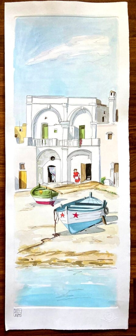 Aldo Riso 'The White House Leuca' Painted Engraving - Authenticated 30x80: Aldo Riso 'The White House Leuca' Painted Engraving - Authenticated 30x80 Aldo Riso's stunning 'The White House in Leuca' is a masterpiece of hand-painted incision, showcasing the artist's exceptional