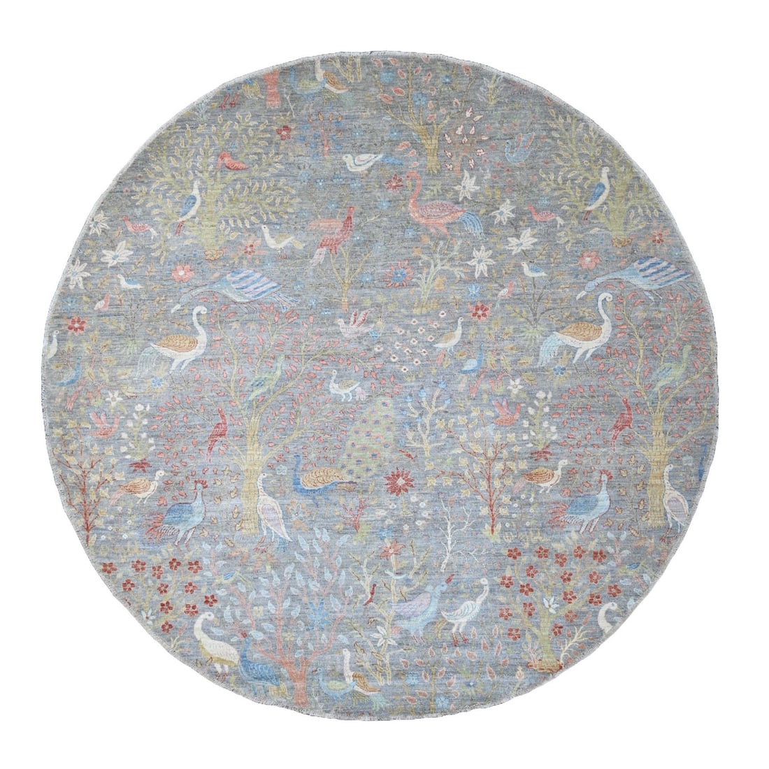 Rug 10'1"x10'1" Gray Afghan Peshawar Birds Design Hand Knotted Wool Round: Rug 10'1"x10'1" Gray Afghan Peshawar Birds Design Hand Knotted Wool Round Experience the rich cultural heritage of Afghanistan with this stunning 10'1"x10'1" Gray Afghan Peshawar Birds Design Hand
