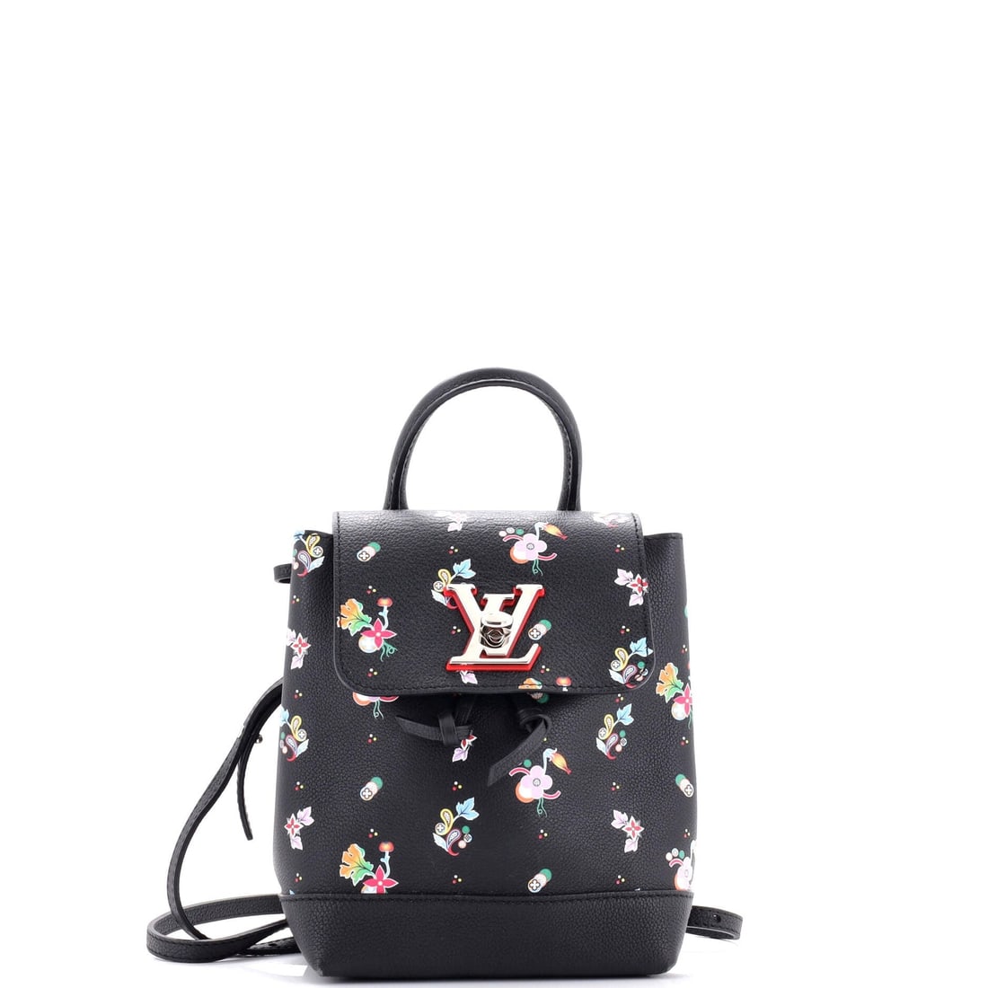 Louis Vuitton Lockme Mini Backpack with Floral Printed Leather: Louis Vuitton Lockme Mini Backpack with Floral Printed Leather Elevate your everyday style with the iconic Louis Vuitton Lockme Mini Backpack, boasting sleek black leather exterior adorned with a beau