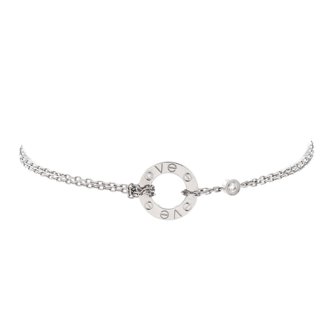 Cartier 18K White Gold Love Bracelet with 2 Diamonds: Cartier 18K White Gold Love Bracelet with 2 Diamonds A stunning Cartier love bracelet in 18K white gold, adorned with two sparkling diamonds, adds a touch of timeless elegance to any outfit. The