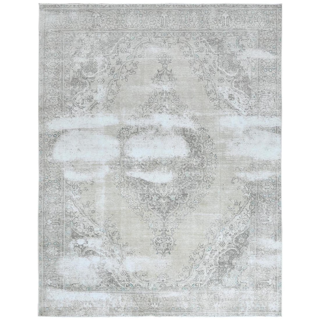 Rug 9'8"x12'6" Wool Farsian Tebraz Vintage Clean Worn Ivory Hand Knotted: Rug 9'8"x12'6" Wool Farsian Tebraz Vintage Clean Worn Ivory Hand Knotted Experience the timeless beauty of a vintage Turkish rug, carefully hand-knotted with worn wool in a stunning ivory hue. This 19