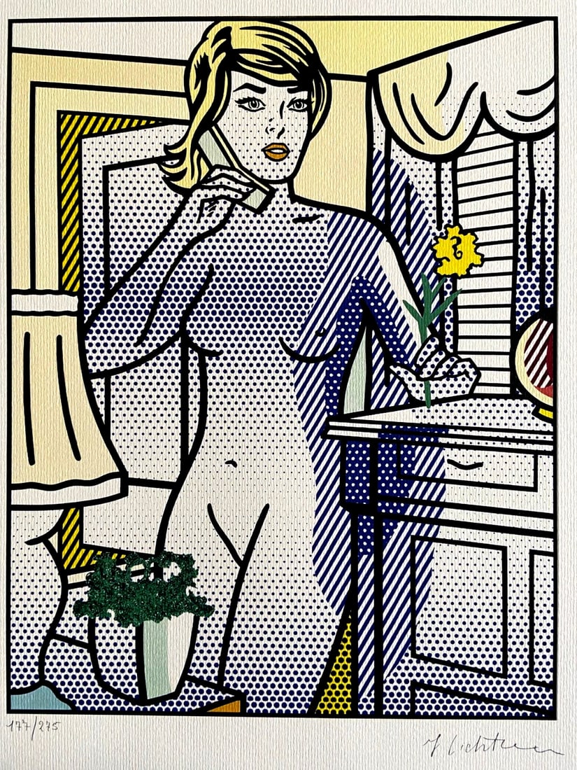 Stamp Roy Lichtenstein Lithograph Numbered: Stamp Roy Lichtenstein Lithograph Numbered Own a unique piece of pop art history with this stunning lithograph by Roy Lichtenstein, featuring his iconic "Nude with a yellow flower" work from 1986. Han