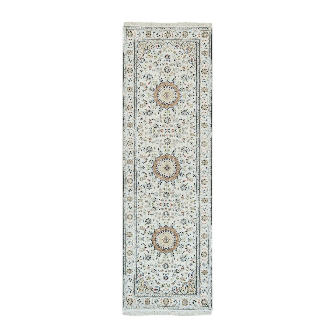 Nain Design Wool Runner Rug, 2'8"x8'4", 250 KPSI, Powder White: Nain Design Wool Runner Rug, 2'8"x8'4", 250 KPSI, Powder White Experience the timeless beauty of India with this stunning Nain Design Wool Runner Rug, expertly hand-knotted in 250 KPSI wool for except