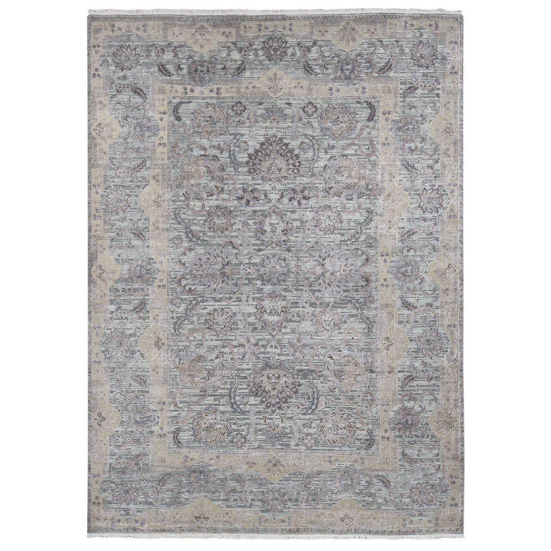Rug 10'x14' Light Green Pure Silk With Wool Mughal Design Hand Knotted: Rug 10'x14' Light Green Pure Silk With Wool Mughal Design Hand Knotted Experience the rich heritage of Indian craftsmanship with this stunning 10'x14' Light Green Pure Silk With Wool Mughal Design